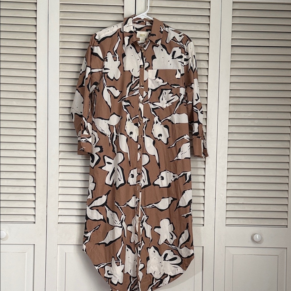 Maeve Brown and White Floral Midi Shirt Dress